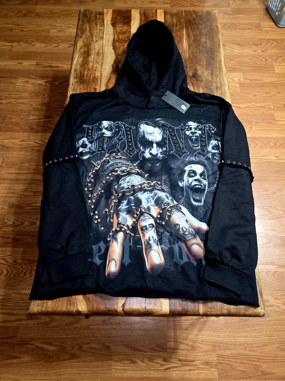 LEFT POINT Men's "Joker" Black Graphic Print Studded Pullover Hoodie. Size XL